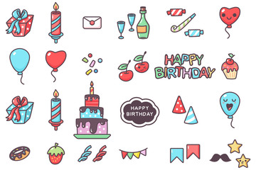 Happy birthday party elements vector cartoon set isolated on a white background.