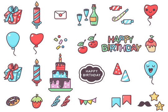 Happy birthday party elements vector cartoon set isolated on a white background.