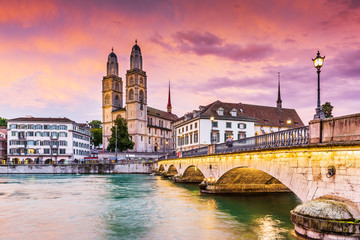 Zurich, Switzerland. View of the historic city center with famous Grossmunster Church