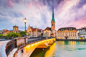 Zurich, Switzerland. View of the historic city center with famous Fraumunster Church