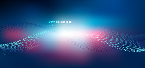 Abstract technology futuristic network design with particle blue and pink wave. Dynamic particles sound wave flowing on glowing dots dark background.