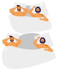 Happy LGBT couple, men, gay, transgender, romantic partners on a white background in bed. Vector illustration in flat cartoon style isolated on white background.