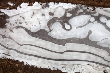 Abstract pattern of ice on the over of puddle