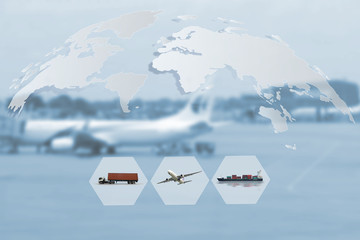 The world logistics , there are world map with logistic network distribution on background and Logistics Industrial Container Cargo freight ship for Concept of fast or instant shipping