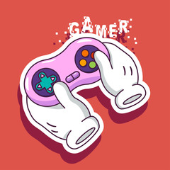 Gamer logo vector illustration with joystick in cartoon hands.