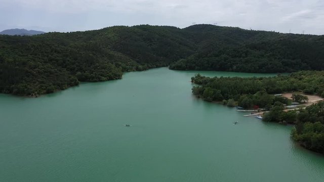 French rowing federation aerial shot of a rowing team lake Saint Cassien France var reservoir watersports