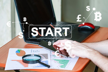 Businessman presses button start currency exchange online on virtual electronic user interface and phone.