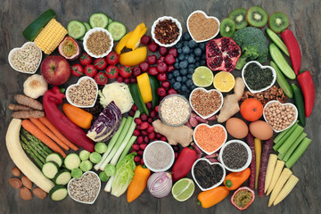 Healthy food choice with super food of fruit, vegetables, seeds, legumes, cereal, grains, nuts,...
