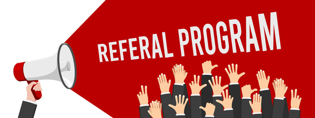 Refer a Friend Poster with Megaphone and Hand. Vector Illustration EPS10