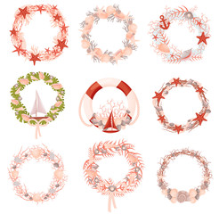 Set of decorative wreaths with a nautical theme. Vector illustration.