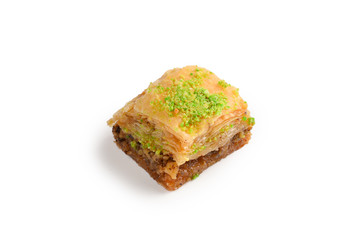Pistachio baklava on a white background. Dessert.