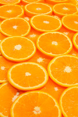 Slices of oranges as a background, top view.