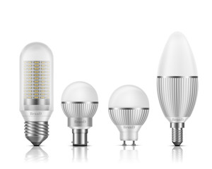 Modern, different shape and base types LED bulbs with heat sinks 3d realistic vector set isolated on white background. Powerful, high efficient, longer lifespan lamps, light equipment illustration