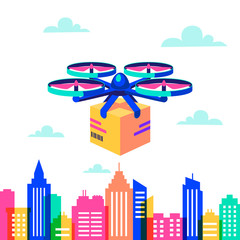 Drone over city landscape. Remote air drone with parcel over Silhouettes of buildings with neon glow and vivid colors. Delivery of packages by flying quadcopter. Flat style concept