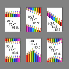 Set of Vertical Cards from Realistic Colorful Pencils on White Background.