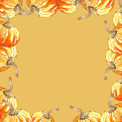 autumn frame of painted orange pumpkin fruit on brown background