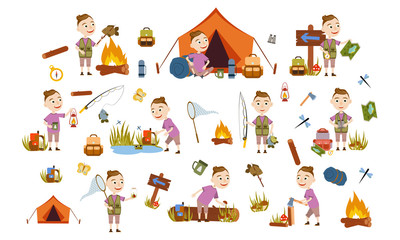 Set a boy with a trendy hair style tourist on nature. Camping. Fishing,, overnight in a tent, picking mushrooms, fun and relaxation. Children's camp. Scouts. Cute Vector Illustration