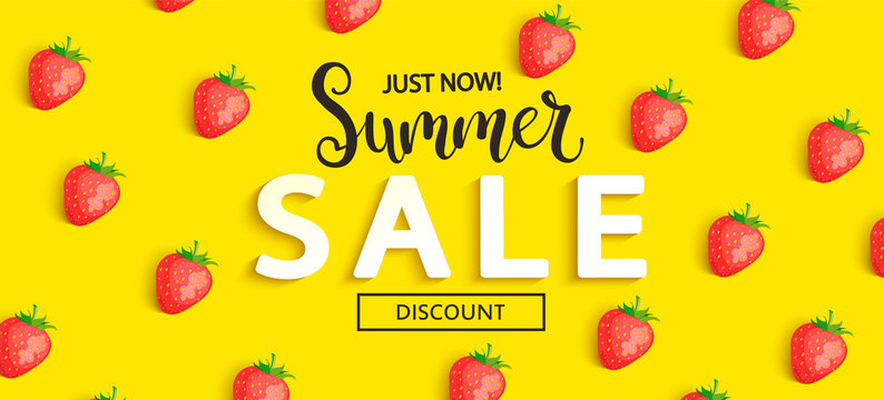 Summer Sale strawberry banner on yellow background, hot end or mid season 50 percent discount poster.Invitation for shopping, special offer card, template design for promotions. Vector illustration.