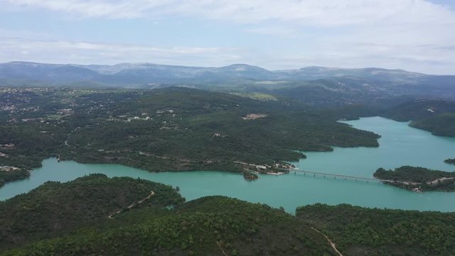 panoramic aerial shot of lake Saint Cassien mountains in background famous reservoir France 