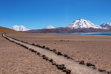 Highland lakes Miscanti and Miniques, hidden among volcanoes in Los Flamencos National Reserve, Atacama desert, Chile, South America