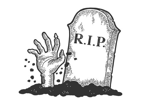Zombie Dead man hand crawls out of grave sketch engraving vector illustration. Scratch board style imitation. Black and white hand drawn image.