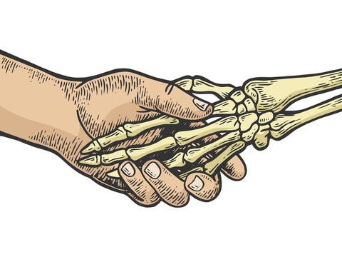 Death skeleton handshake color sketch engraving vector illustration. Scratch board style imitation. Black and white hand drawn image.