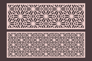 Laser cut cabinet fretwork perforated panel templates with pattern in japanese kumiko style. Geometric hexagon ornamental panels, rate 1:3. Metal, paper or wood carving. Outdoor screen.