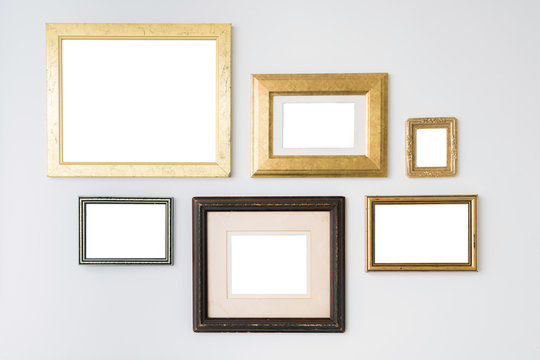 Blank empty frames on white background. Art gallery, museum exhi