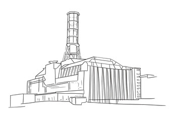 Digital hand drawn sketch illustration of Chernobyl nuclear power plant with isolated on white