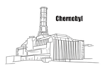 Digital hand drawn sketch illustration of Chernobyl nuclear power plant with title Chernobyl isolated on white