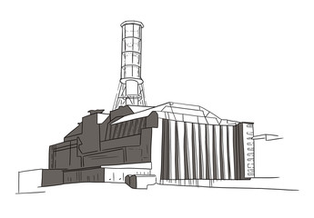 Digital hand drawn sketch illustration of silhouette Chernobyl nuclear power plant with isolated on white