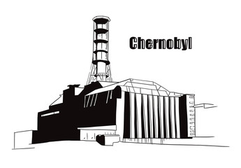 Digital hand drawn sketch illustration of silhouette Chernobyl nuclear power plant with title Chernobyl isolated on white