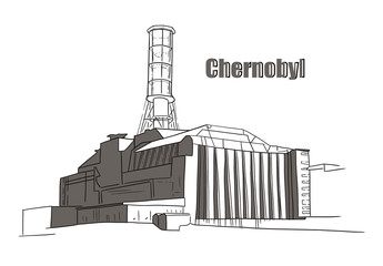 Digital hand drawn sketch illustration of silhouette Chernobyl nuclear power plant with title Chernobyl isolated on white
