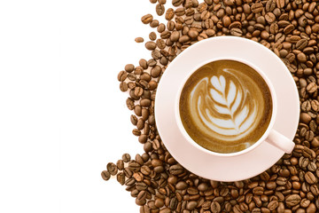 Hot coffee and a cup of coffee isolated on white background