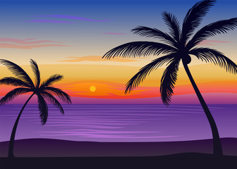 Black palm trees on the background of the sea. Vector illustration on white background.