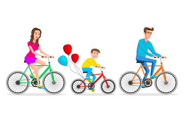 Vector illustration of family ride the bike. Healthy leisure and freedom riding bike. Man, woman and boy pedaling on summer time vacation.
