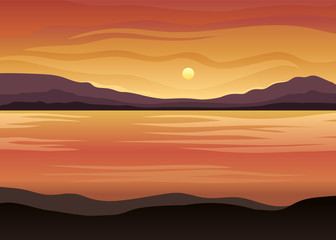 Orange sea at sunset. Vector illustration on white background.