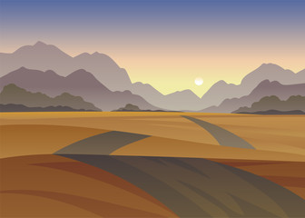 Fototapeta na wymiar Road among the hills in the desert. Vector illustration on white background.