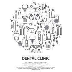 Dentist concept in circle with thin line icons of tooth, implant, dental floss, crown, toothpaste, medical equipment. Modern vector illustration for banner, web page, print media.