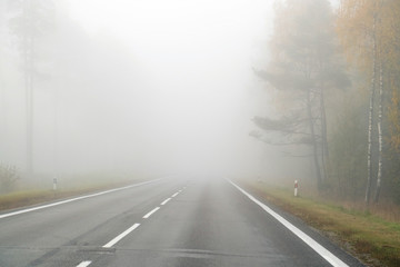 Driving on countryside road in fog. Illustration of dangers of d - Powered by Adobe