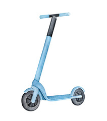 Light blue scooter watercolour illustration. One single object, no people, side view. Symbol of freedom, mobility, energy, speed, journey. Handdrawn water color graphic paint, cutout clip art element.