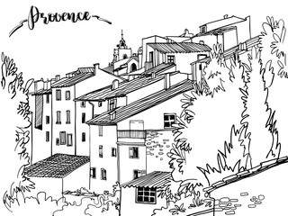 Nice veiw of romantice Provence. Hand drawn line sketch.