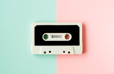 Obraz premium Cassette for tape recorder or walkman, in happy pastel colors - a symbol of 80s, 90s period