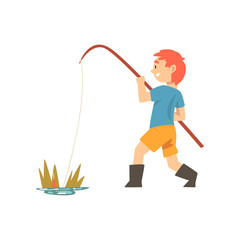 Cute Smiling Boy Fishing with Fishing Rod, Little Fisherman Cartoon Character Vector Illustration