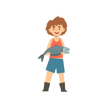 Cute Boy Holding Caught Fish, Little Fisherman Cartoon Character Vector Illustration