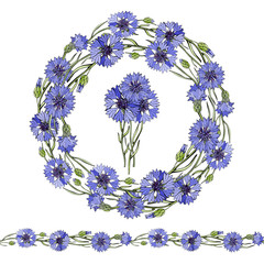 Summer wreath save the date. Blue and purple cornflowers. Vector illustration. Field flowers. Isolated on white background. Summer design for your cards design, banners.