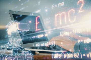 Science formula hologram with man working on computer on background. Education concept. Double exposure.