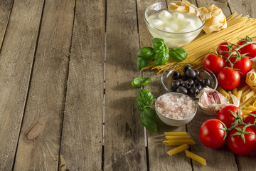 Wooden surface with tasty ingredients