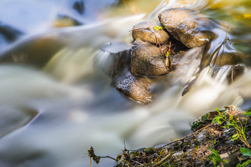Rapid stream flowing over rocks on a sunny day - long exposure	