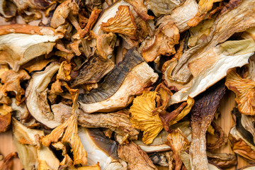 Top view of dried mushrooms on wooden background with space for